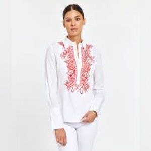 Dolce & Cabo  White Blouse with Red Embroidery